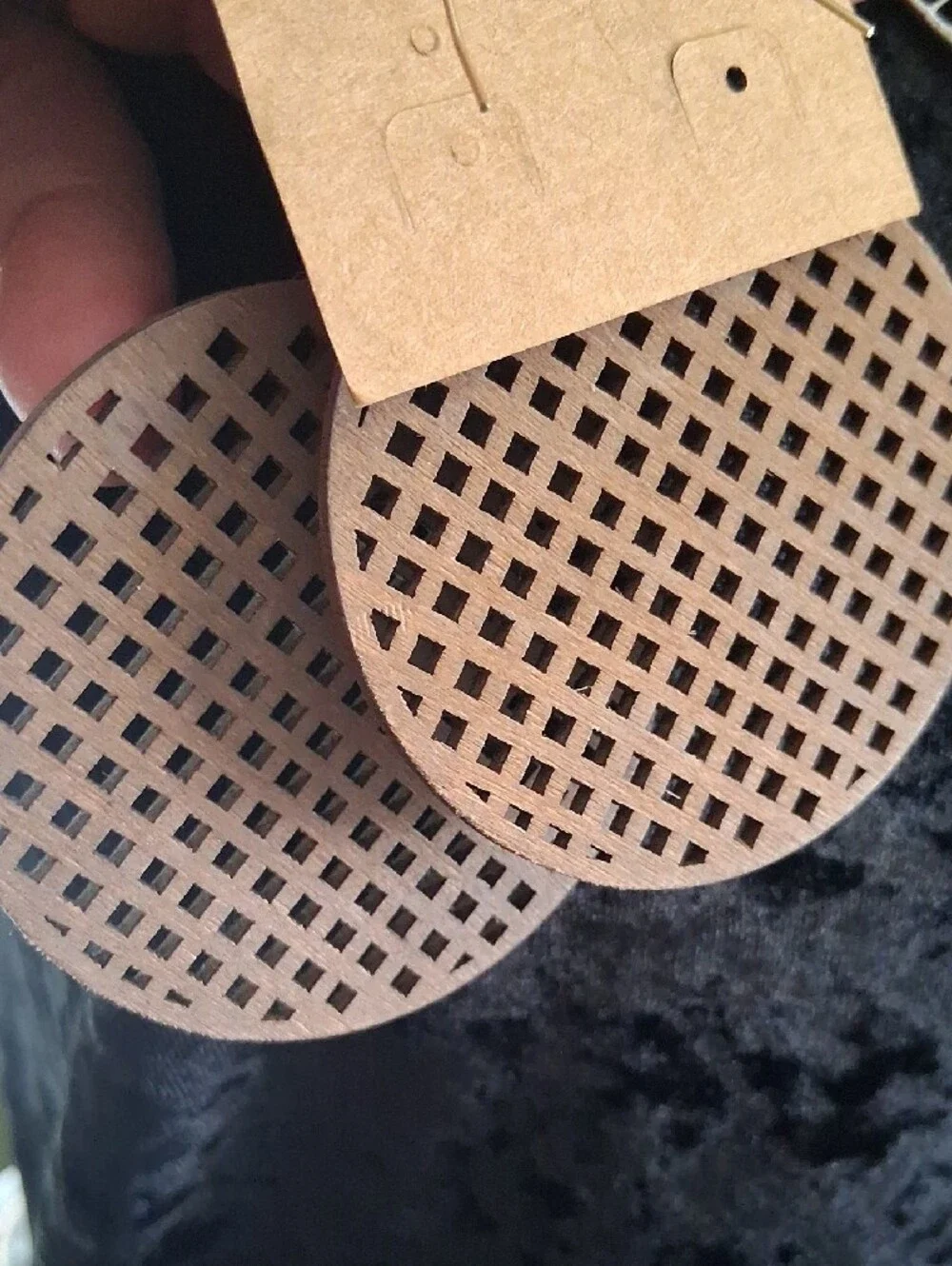 Plunder Laser-Cut Round Brown Wood Lattice Earrings